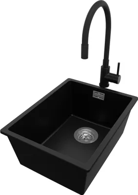 Produktbild von PRIMAGRAN Unterbauspüle Granit Schwarz 36x47cm, Spülbecken 1 Becken + Küchenarmatur 40x38cm + Ablauf-Set, Granitspüle ab 40er Unterschrank - London