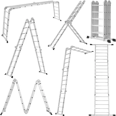 Produktbild von UISEBRT 6 v 1 rebrík Viacúčelový rebrík Hliníkový kĺbový rebrík Skladací rebrík 550 cm Multifunkčný rebrík Hliníkový rebrík s plošinou do 150 kg 4 X 5 stupňov Strieborný
