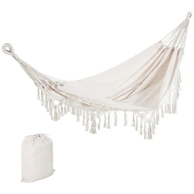 Produktbild von Hängematte – Canvas-Hängematte – Gartenhängematte – Campinghängematte – Hängematte im Boho-Stil mit Quasten, 288 x 150 cm – Beige
