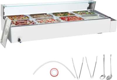 Produktbild von VEVOR kommerzieller Speisenwärmer (8 x 1/2 Größe Behälter), 1,7 kW elektrischer Wärmebehälter aus Edelstahl mit Glasabdeckung & Suppenkelle, Chafing Dishes für Catering Restaurant Party