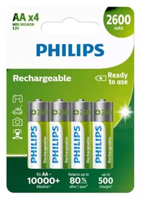 Image de Philips Piles AA - HR6/1.2V - Rechargeables - Piles NiMH - 4 pièces