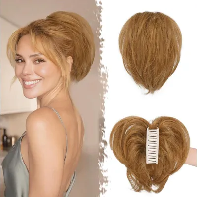 Produktbild von Kurze Pferdeschwanz Extension mit Krallenklemme 20 cm Echthaar Auburn Braun Messy Dutt Haarteil für Frauen