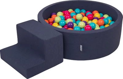 Produktbild von KiddyMoon spielplatz aus schaumstoff mit rund bällebad (200 bälle) ballgruben für babys spielbad hindernisläufen, hergestellt in der eu, dunkelblau:helgrün/gelb/türkis/orange/dpink/violet