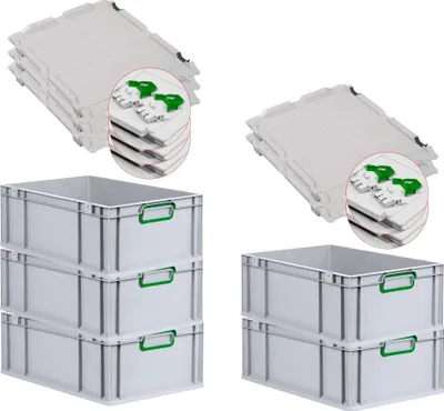 Produktbild von SuperSparSet 5x Eurobox NextGen Color mit Scharnierdeckel und Schiebeschnappverschlüssen | HxBxT 22x40x60cm | 44 Liter | Grau | Griffe grün geschlossen | Verstärkter Boden | Eurobehälter, Transportbox, Transportbehälter, Stapelbehälter