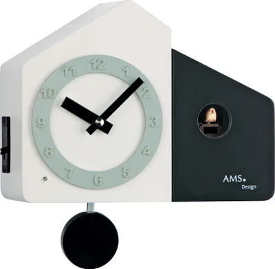 Produktbild von AMS 7397 Kuckucksuhr Wanduhr Quarz mit Pendel modern schwarz weiß