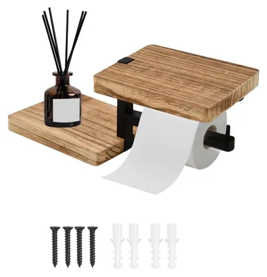 Imagen del producto de Soporte de papel higiénico de madera con estante y diseño retro - Para montaje en pared