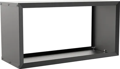 A black metal firewood rack with an open front and back, shown from a slightly elevated side angle.