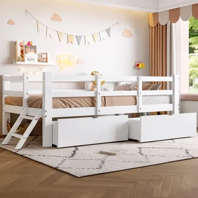 Obrázek produktu pro Postel s roštem 90 x 200 cm - S boční zábranou a dvěma zásuvkami - Bílá