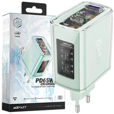 Produktbild von Acefast Ladegerät Gan 65W 3 Ports (1Xusb, 2Xusb C) Grün (A45)