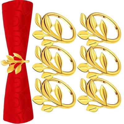 Serviettenringe, 6er Set, goldfarben, Metall, Blattmotiv, 4,2 x 4 cm