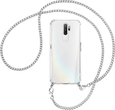 Produktbild von Handykette Backcover-Schutzhülle mit Band (Metall silberfarben) für Oppo A5 2020 / A9 2020 / A11x - silberfarbene Kette
