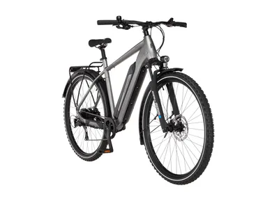 A studio shot of a grey electric bicycle against a white background.