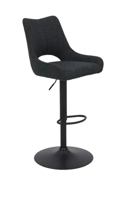 A dark gray upholstered bar stool with a black metal base and adjustable height.