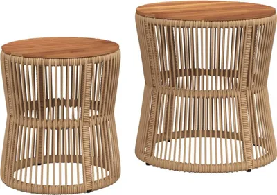 Two beige poly rattan garden side tables with wooden tops are shown against a white background.