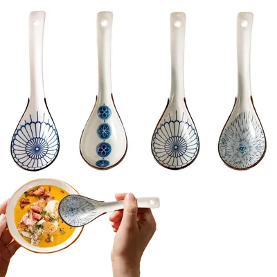 4er-Set asiatische Suppenlöffel aus Keramik, Japanische Ramenlöffel