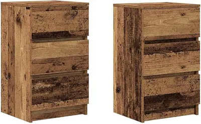 Imagen del producto de Juego de dos mesitas de noche con 3 cajones, estilo madera envejecida, dimensiones 39x35x65 cm