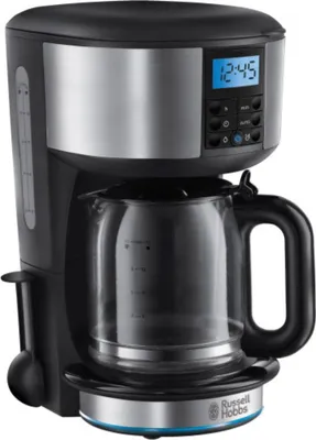 A Russell Hobbs coffee maker with a glass carafe and digital display, shown against a white background.