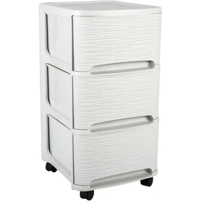 A white plastic set of drawers on wheels.