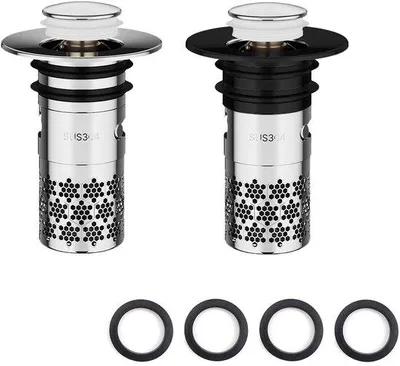 Immagine prodotto di Ibenzoa® Set di 2 tappi pop-up per scarichi di lavabi, da 33 a 40 mm, anti-intasamento e blocco degli odori, in ABS e acciaio inossidabile 304, colore nero/argento, con filtro a 3 strati
