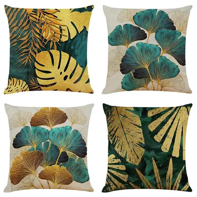 Produktbild von 4er-Set Kissenbezüge 40x40 cm Petrolgold Leinen Landhausstil Sofa Dekokissen Wohnzimmer Garten Outdoor Sofa Dekokissen