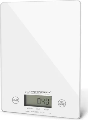 A white digital kitchen scale is shown from a slightly elevated front-left angle against a white background.