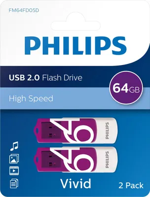 Produktbild von Philips USB-Stick 2.0 Vivid, 64GB, 2er Pack, Farbe:Lila