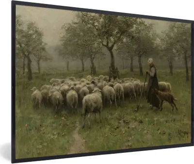 Produktbild von MuchoWow® Gerahmtes Poster Hirtin mit Schafherde - Gemälde von Anton Mauve 90x60 cm - Poster mit Schwarzem Bilderrahmen Wandposter Rahmen Foto Bilder - Fotorahmen - Foto-Plakat