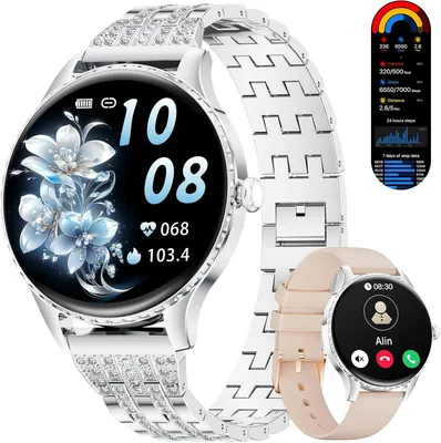Smartwatch Damen Anruf 1.27" HD Elegant Diamant Frauen für Android iOS,100+Sportmodi,Herzfrequenz, Schlafmonitor, Menstruationszyklus, Kalorien