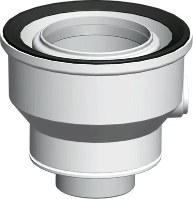 A white plastic plumbing fitting with a black rubber seal on a white background.