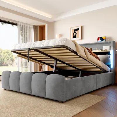 Obrázek produktu pro MODFU Čalouněná postel 140 × 200 cm, manželská postel s LED, USB a USB-C, postel pro mládež s úložným čelem a úložným prostorem, šedá, bez matrace