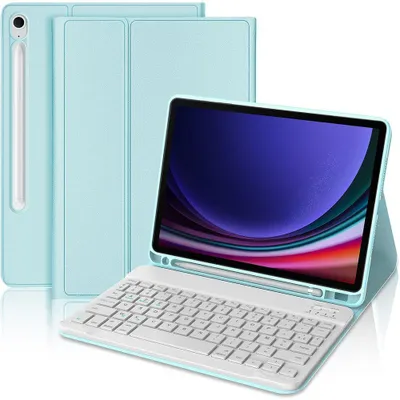 Image de Coque Clavier pour Samsung Galaxy Tab S9 (11 Pouces) Protection Synthécuir Bleu avec Clavier Bluetooth