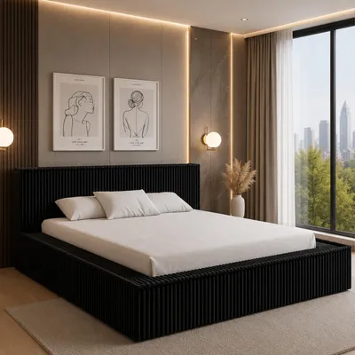 Produktbild von GOLDSTOFF Polsterbett Veloria 160x200 cm mit Bettkasten und Lattenrost | Modernes Doppelbett aus Velours mit gepolstertem Kopfteil (Schwarz)