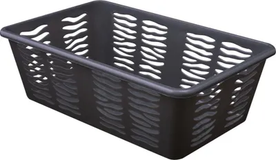 A black plastic basket with a cutout pattern.