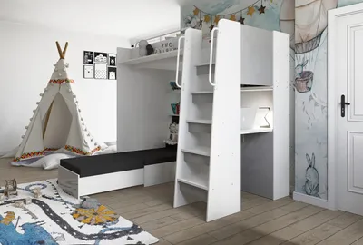 Produktbild von Marlux-Meble Hochbett JSM-7 90x200 TREPPE RECHTS mit Schreibtisch Schränke und Ausklappbares Sofa 70x180 Hochglanz Funktionsbett Etagenbett Stockbett Kinderhochbett Jugendhochbett (Hellgrau Glanz)