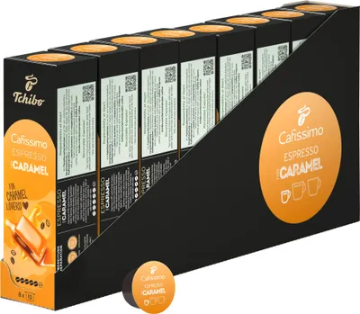A display box of Tchibo Cafissimo Espresso Caramel coffee capsules.