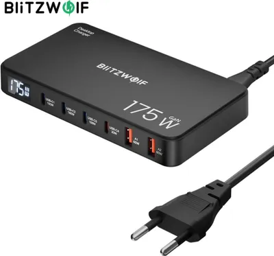 Produktbild von Blitzwolf® BW-S30 175W 6-Port USB PD Ladegerät 4USB-C+2USB-A QC PD Digitalanzeige Schnelllade-Desktop-Ladestation, Schwarz EU-Stecker