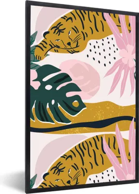 Produktbild von MuchoWow® MuchoWow® Gerahmtes Poster Tiger - Blätter - Dschungel - Muster 60x90 cm - Poster mit zchwarzem Bilderrahmen - Kunst