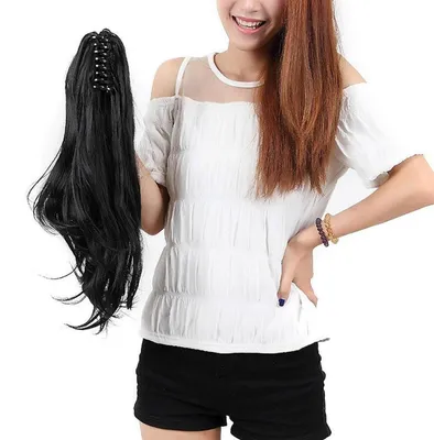 Image de Pièce de cheveux imitation queue de cheval, tressée, pour chignon, ondulée, environ 45 cm, couleur noire naturelle