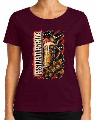 Productafbeelding van Feesttentlegende, biermok, , traditioneel kledingstuk, lederen broek, dames T-shirt, bordeauxrood, maat M