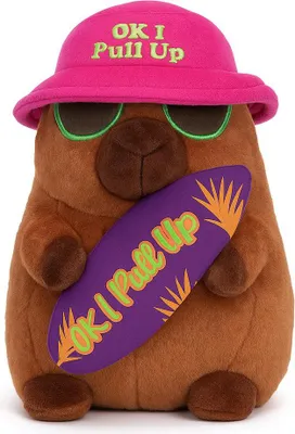 Produktbild von Capybara Plüschtier Kuscheltier 25cm mit Surfbrett Spruch Ok I Pull Up