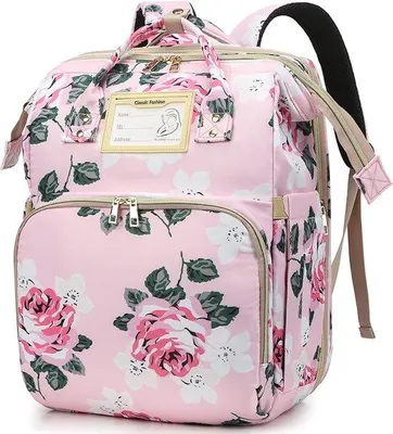 Produktbild von Famanu Wickelrucksack mit Wickelmatte, Multifunktionaler wasserdichter Wickelrucksack mit Blumenmuster und USB-Ladeanschluss