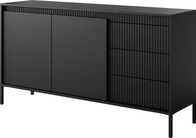 Produktbild von SENSO Kommode, Schwarz, geriffelte Fronten, Schubladen mit Push-to-Open-System, grifflos, modern & elegant, aus MDF/HDF, 81,4 x 153,5 x 39,5 cm (HBT)