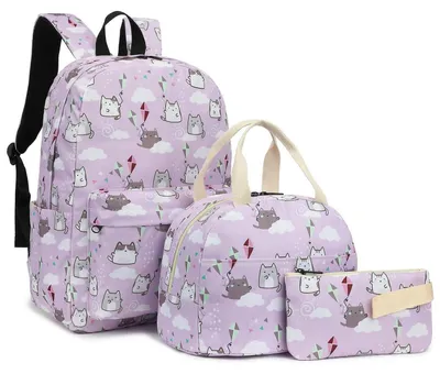 Zdjęcie produktu dla Zestaw plecaka szkolnego dla dziewczynek, nastolatek, 3 elementy, motyw kot, kolor fioletowy, zawiera lunchbox i piórnik