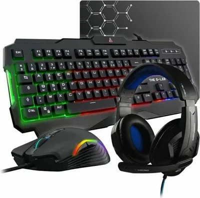 A gaming keyboard, mouse, and headset are displayed together on a white background.