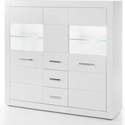 Produktbild von Highboard Bianco - Weiß Hochglanz mit Unter- und Glasbodenbeleuchtung