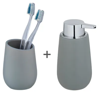 Produktbild von WENKO Waschtisch-Set Mod. Badi, 2-teiliges Bad-Accessoire Set mit 1x Seifenspender nachfüllbar mit bis zu 320 ml Flüssigseife, 1 x Zahnputzbecher, aus Keramik mit matter Oberfläche, Grau