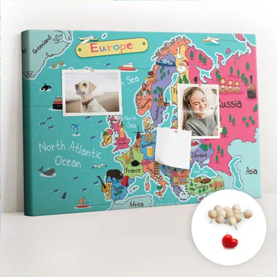 Imagen del producto de Tablero de corcho con chinchetas – Tablero con chinchetas para fotografías y notas – 60x40 cm – Chinchetas de madera, 100 unidades – Mapa de Europa
