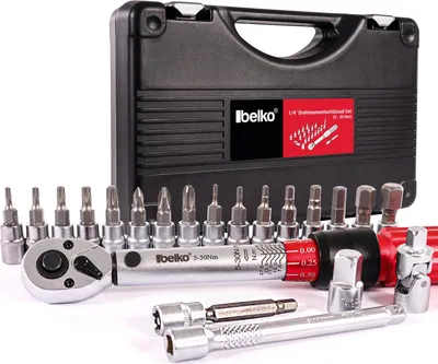 Produktbild von Momentový kľúč Belko 1/4 palca, 5-30 Nm, presnosť ± 3% chyby, ideálny pre bicykle a motocykle, vrátane adaptéra 3/8", šesťhranu, Torx, bitov Phillips, predlžovača a mnoho iného, ​​22-dielna SADA