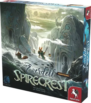 The image shows the front and side of a board game box for 'Everdell: Spirecrest'. The artwork depicts a fantasy scene with anthropomorphic animals in a snowy, mountainous environment with large, carved rock formations.