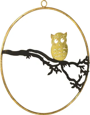 Produktbild von Fensterdeko Eule auf Ast Herbst, Dekoring Metall 22cm, Wandschmuck, Herbstdeko, Türkranz, Gold Schwarz